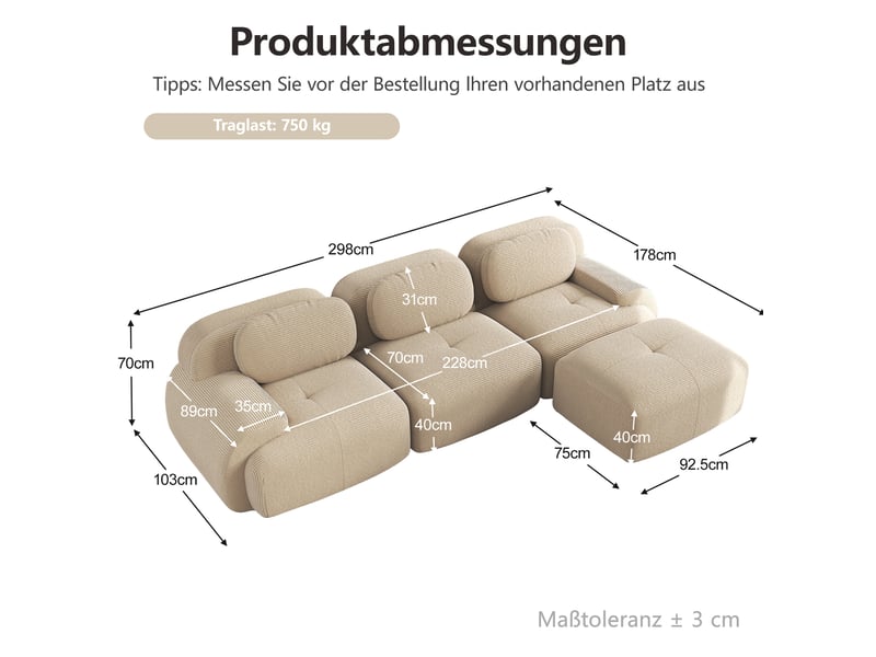  Canapé d'angle modulaire modenvie 3 places sans montage 298 x 178 cm velours côtelé beige  - Conforama C