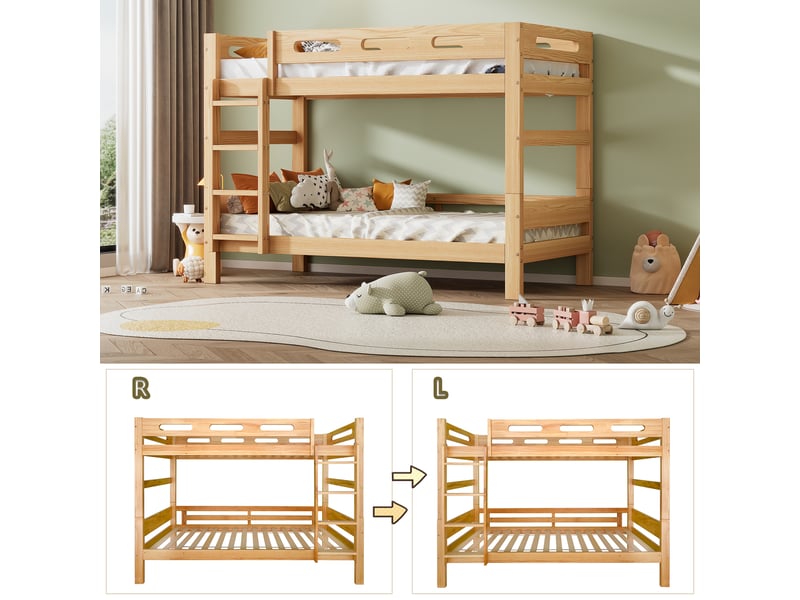 Lit superposé 90x200 cm, lit enfant, lit 2 personnes, divisé en 2 lits simples, cadre stable en pin, naturel  - Conforama R