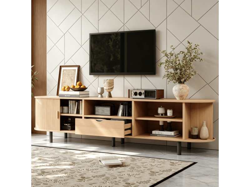  Meuble tv 175x40x55 cm - meuble bas arrondi avec porte à rideau, tiroir et niches ouvertes, charge 50 kg, mdf - bois naturel  - Conforama B
