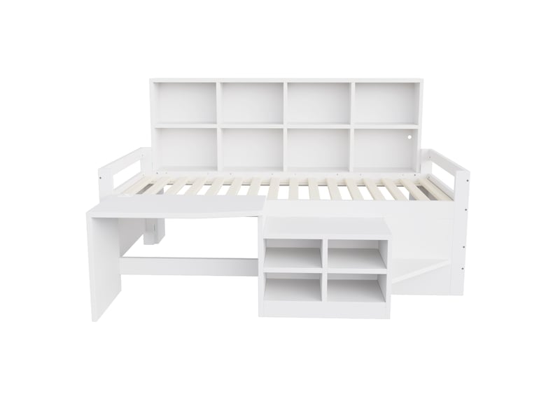  Lit enfant multifonction 90x200 cm, lit simple avec éclairage led, bureau, rangements, usb, mdf, blanc, sans matelas  - Conforama E