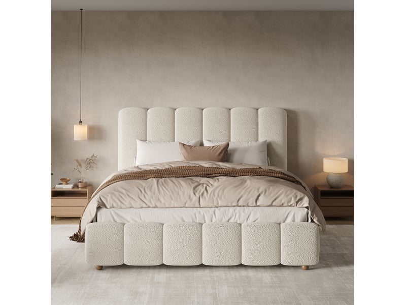 Lit coffre 2 places 140x190 cm en tissu bouclette blanc, tête de lit rembourrée et sommier inclus, sans matelas - Conforama E