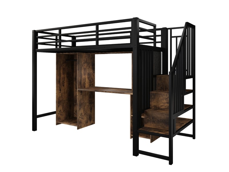  Lit mezzanine noir 90 × 200 cm, bureau, armoire, rangements et escalier intégré  - Conforama D