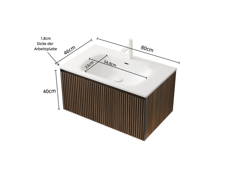  Meuble sous vasque avec 1 tiroir et vasque en résine, fermeture douce, salle de bain, 80×46×41,8 cm, chêne blanc  - Conforama D