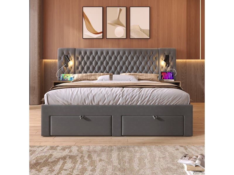 Lit complet 180x200 cm en velours avec 2 chevets intégrés, 4 tiroirs de rangement, lampes de lecture usb-c et sommier à lattes - gris (sans matelas)  - Conforama D