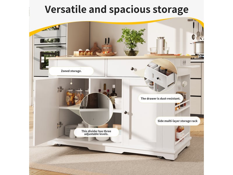 Îlot de cuisine 151.5 x 59.7-84.7 x 91.7 cm, avec plateau rabattable, prises intégrées, 2 tiroirs et 6 compartiments, blanc - Conforama D