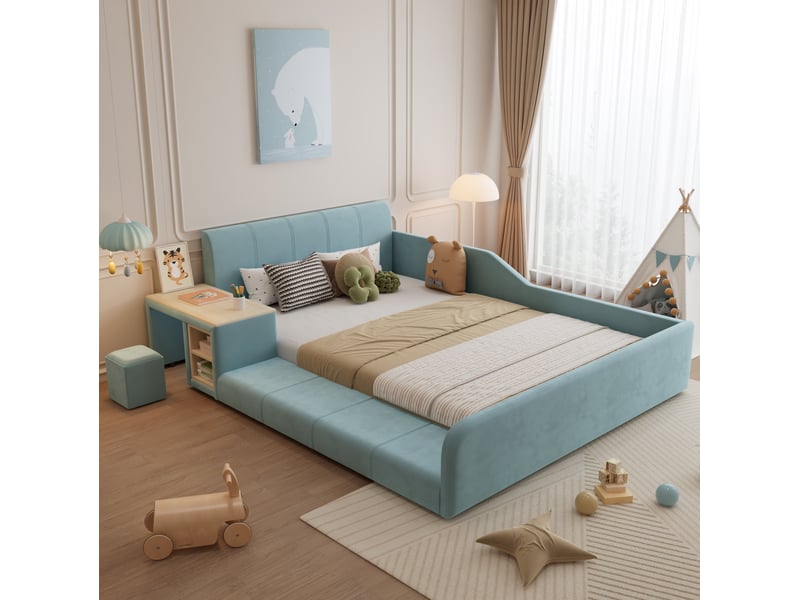 Lit enfant rembourré 140 x 200 cm avec bureau, tabouret et rangement bleu - Conforama B