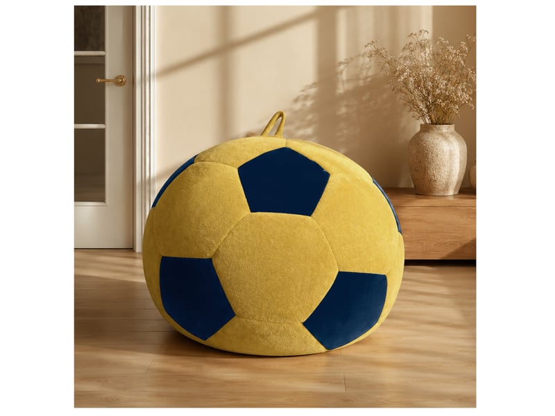 Fauteuil pouf ballon de football 100x80 cm, rembourrage en mousse, flanelle, relaxation chambre salon, bleu et jaune - Conforama B