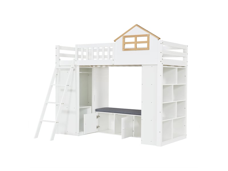  Lit mezzanine enfant 90 x 200 cm blanc et naturel, design maison, armoire, étagère et banc  - Conforama A