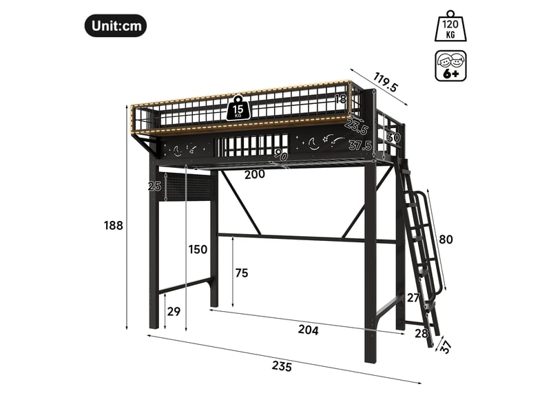  Lit mezzanine simple 90×200 cm compartiments de rangement et espace ouvert  - sans matelas, métal - noir  - Conforama D