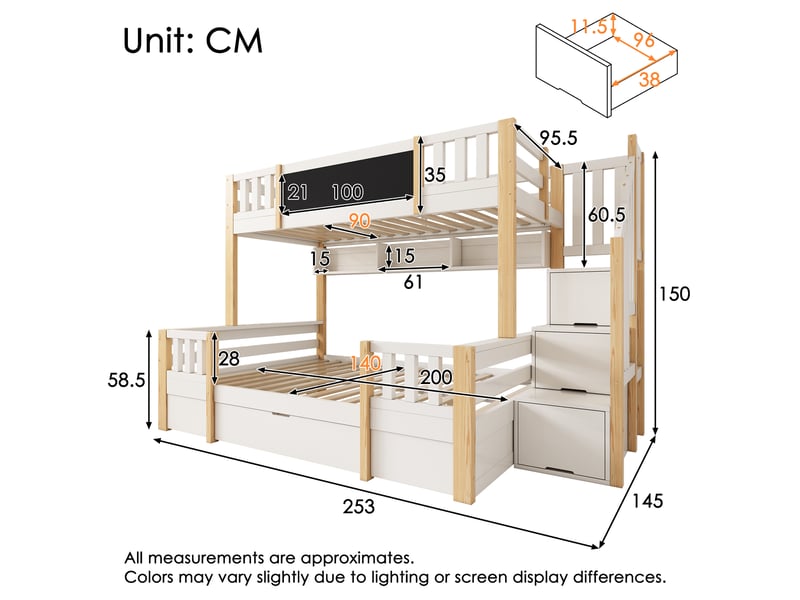  Lit superposé 3 places 90x200 et 140x200 en bois massif blanc et naturel avec escalier de rangement  - Conforama C