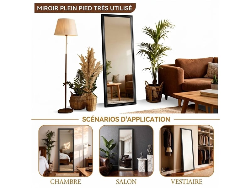 Grand miroir de sol 160x50 cm sur pied inclinable réglable – miroir sur pied moderne en bois massif noir haute définition et anti-distorsion pour chambre et dressing - Conforama B