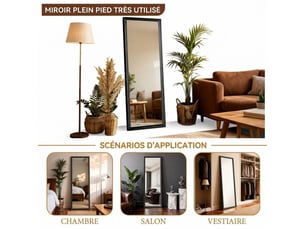 Grand miroir de sol 160x50 cm sur pied inclinable réglable – miroir sur pied moderne en bois massif noir haute définition et anti-distorsion pour chambre et dressing