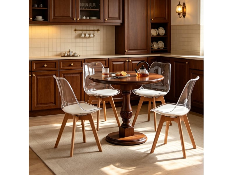  Lot de 4 chaises de salle à manger blanches avec coussin en cuir régénéré, piètement bois, style moderne  - Conforama D