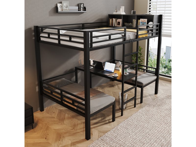 Lit superposé 120 x 200 cm, avec 2 couchages inférieurs de 60 x 120 cm, échelle droite, étagère et canapés, noir - Conforama D