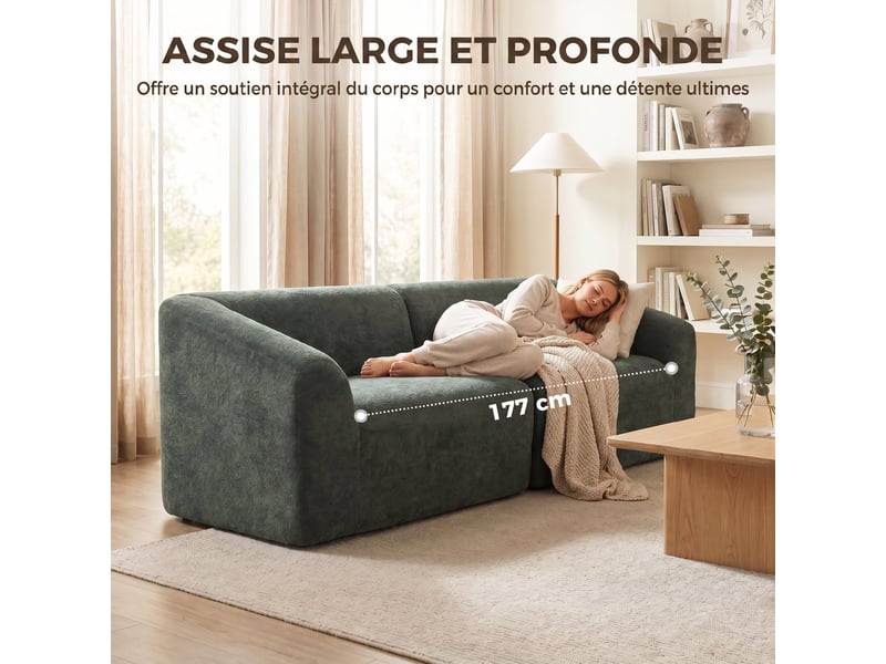  Canapé 3 places en chenille 225 cm, canapé salon rembourré moderne avec assise large, vert foncé, coussin à ressorts  - Conforama R