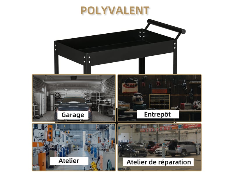  Chariot d'atelier servante atelier à 2 niveaux, poignée latérale et roulettes verrouillables, noir, 84,5x38x84cm  - Conforama R
