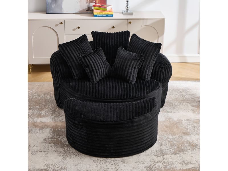  Fauteuil rond sans pieds en chenille noire avec cinq coussins et repose-pieds  - Conforama D