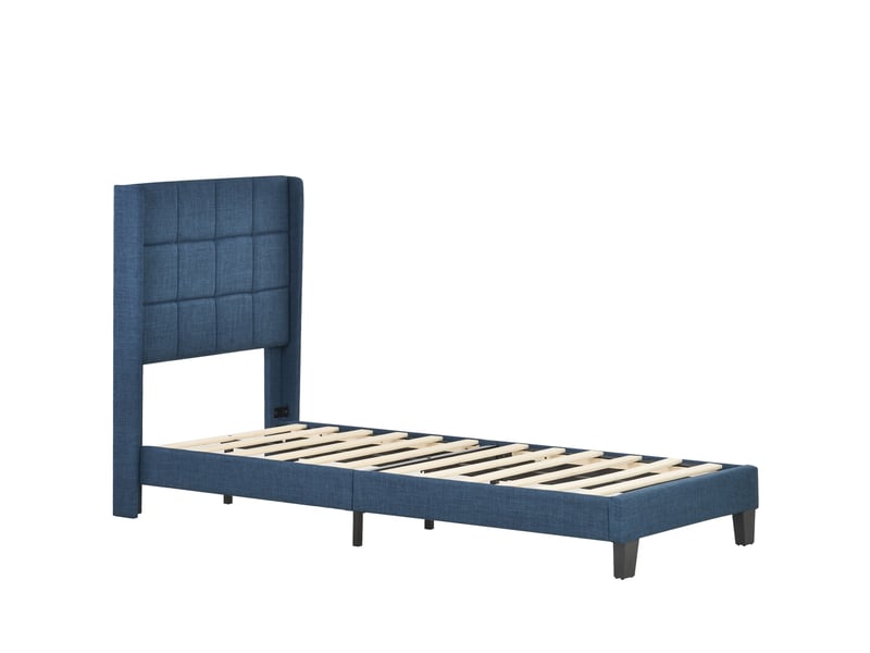  Lit capitonné, lit enfant 90x200 cm, sommier à lattes, matelas inclus, lin bleu  - Conforama W