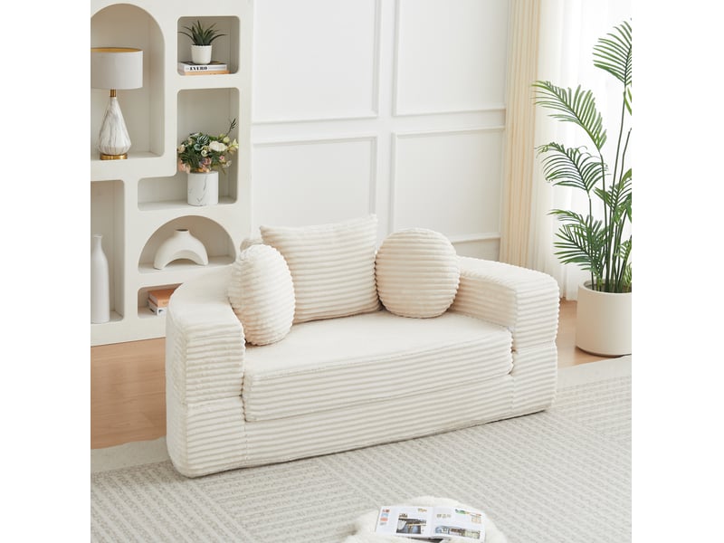 Canapé convertible 4 en 1 en mousse, transformable en canapé semi-circulaire et lit de jour rond, velours côtelé beige - Conforama C