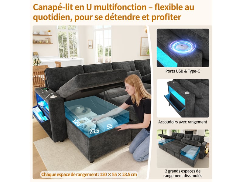  Canapé panoramique en u convertible 4 places avec double méridienne, rangements, led, usb et type-c en chenille gris  - Conforama E