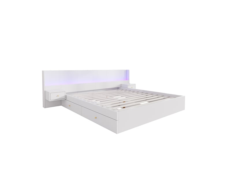  Lit double 180x200 cm bois blanc led usb commande app chevets tiroirs sans matelas  - Conforama A