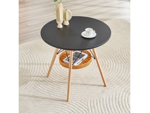 Table à manger ronde, d80 cm, avec panier de espace de rangement suspendu meuble, pratique, mdf et bois, coloris noir