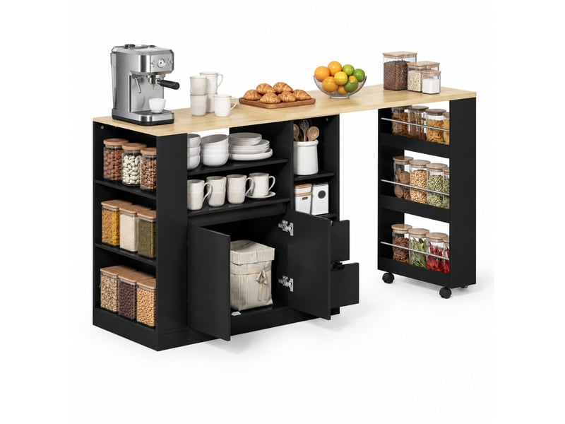  Îlot de cuisine 115 cm avec plateau rotatif extensible, 2 tiroirs, noir naturel  - Conforama A