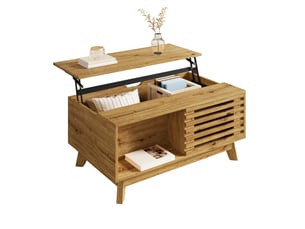 Table basse relevable avec plateau coulissant, porte à lamelles, rangement modulable en mdf, naturel, 90 × 55 × 57,5 cm