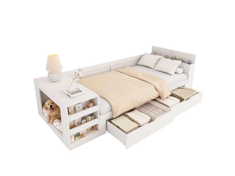  Lit simple 90x200 cm avec rangement, blanc, sans matelas  - Conforama A