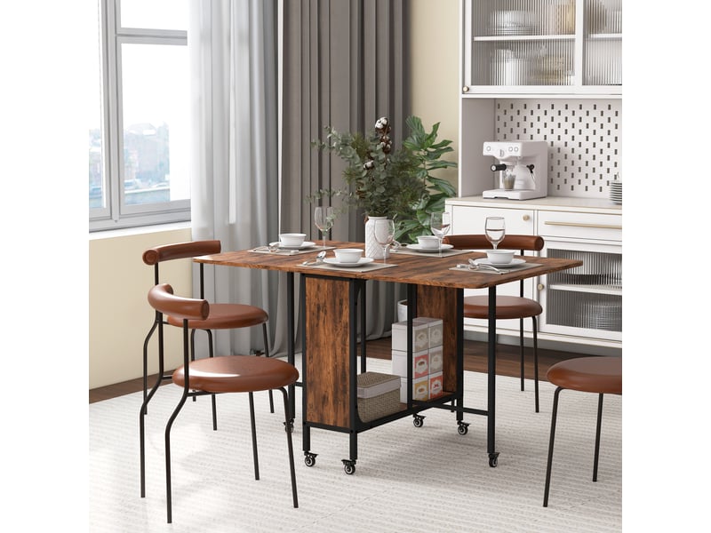  Table pliante de cuisine extensible salle à manger sur roulettes jusqu'à 6 personnes étagère intégrée, 6 roues, marron  - Conforama D