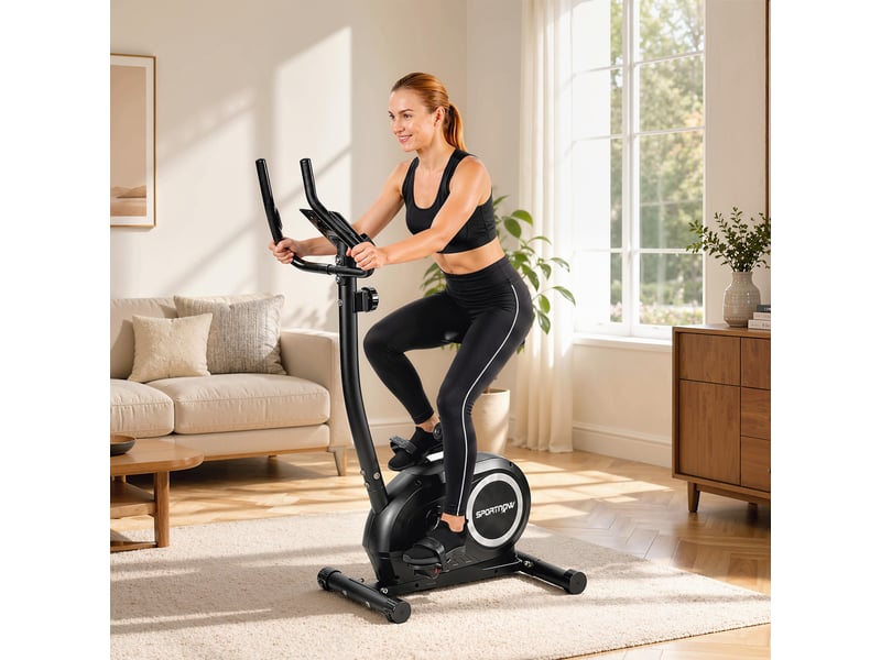  Vélo d'appartement réglable en hauteur, avec application, résistance magnétique, écran lcd, capteurs de fréquence cardiaque et support pour téléphone  - Conforama D
