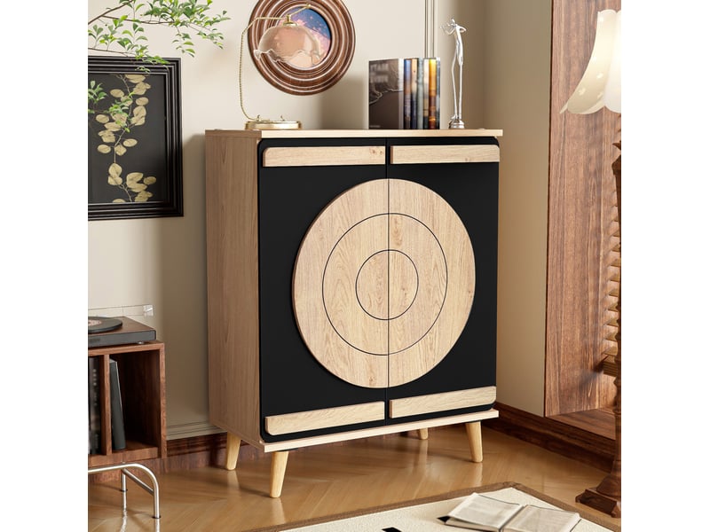  Meuble à chaussures 76x37x98,5 cm, portes géométriques rondes, rangement à plusieurs niveaux, mdf noir et naturel  - Conforama B