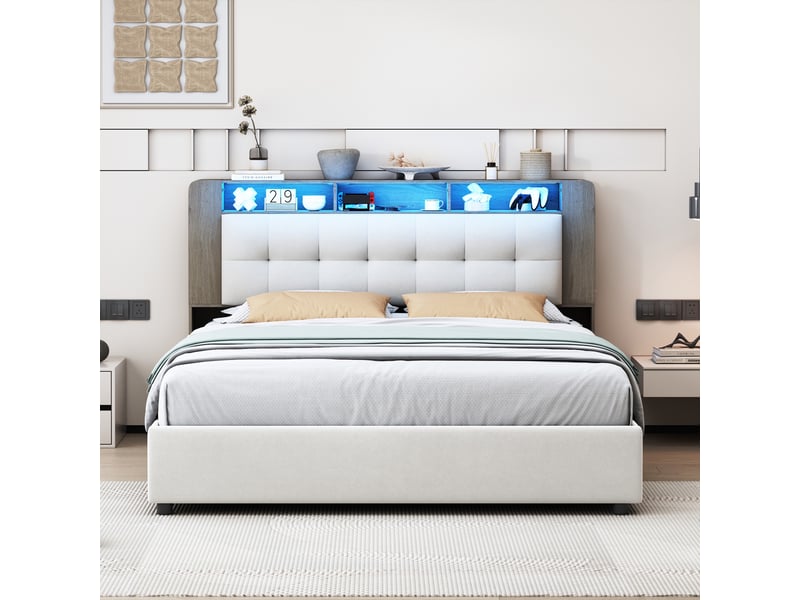 Lit coffre 160x200 cm - lit double 160x200 capitonné avec tête de lit rangements, chargeur sans fil, led et velours - beige - Conforama B
