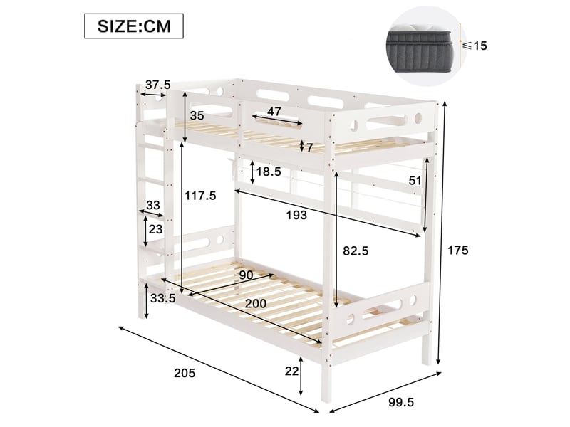  Lit superposé enfant 90x200 cm – blanc et naturel – échelle 5 marches, rangements ouverts, sans matelas  - Conforama C