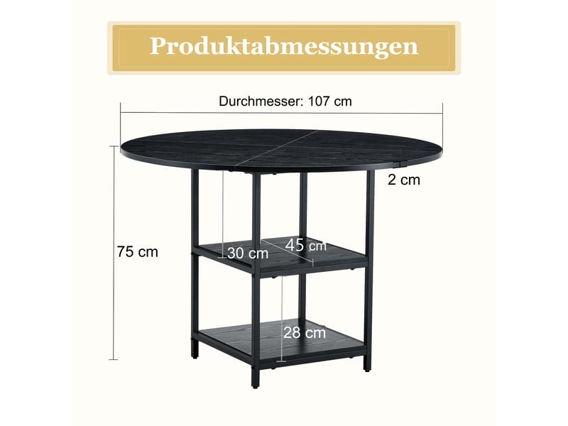 Table à manger ronde 2 à 4 personnes avec double étagère de rangement - lpospi - mdf et métal noir 107 × 75 cm - Conforama D