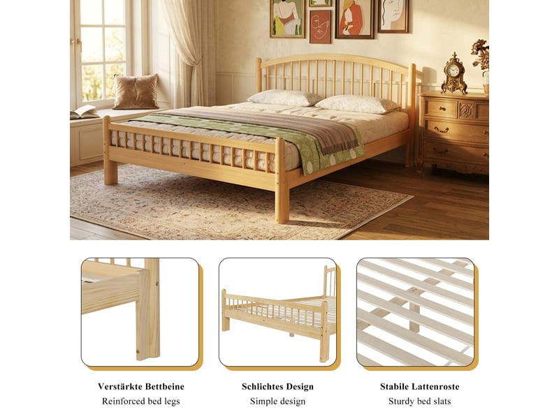  Lit en bois massif 140x200 cm naturel, tête à lattes, design minimaliste et sommier stable  - Conforama D