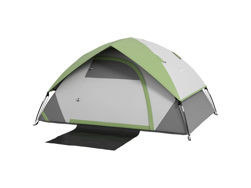  Tente dôme pour 2 personnes, légère, stable et imperméable, avec porte et fenêtre, sac de transport, gris et vert.  - Conforama B