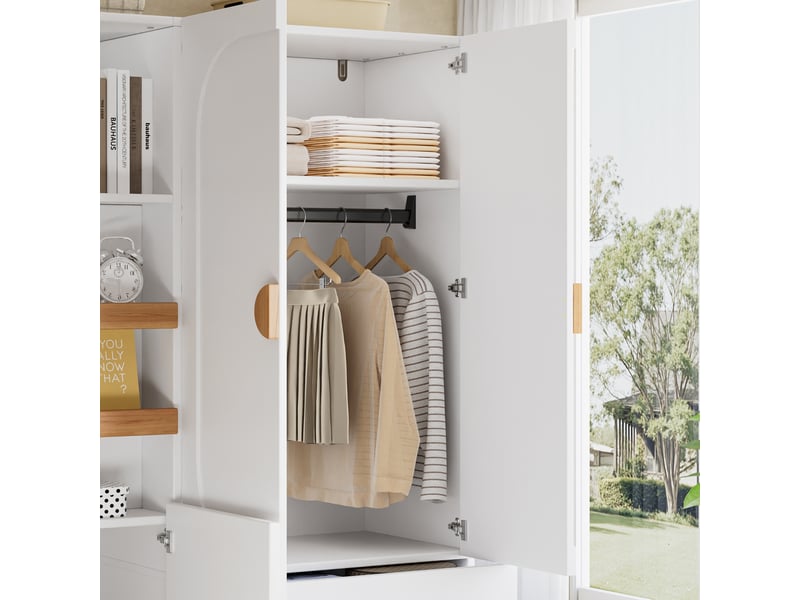 Armoire penderie 125x50x180 cm blanche et naturelle en mdf, avec étagères ouvertes, tiroirs et tringle - Conforama E