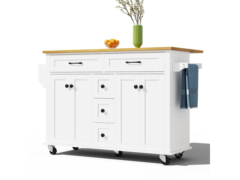  Îlot de cuisine mobile avec plateau extensible, 5 tiroirs, placards, porte-épices et porte-serviettes 120 cm  - Conforama D