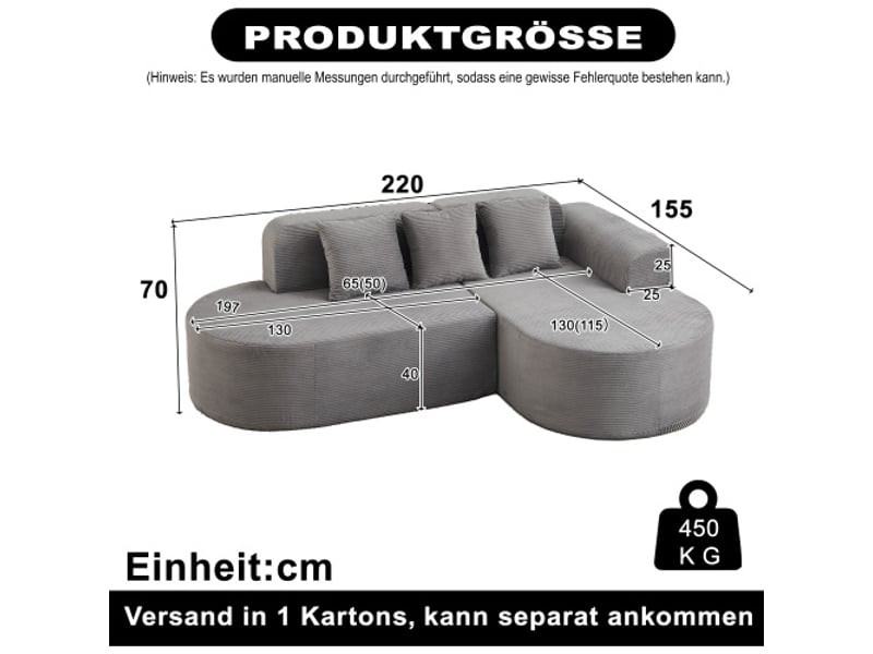  Canapé d'angle modulable 220 cm en velours côtelé – dossiers et accoudoirs courbés, 3 coussins – salon &amp; salle de jeux  - Conforama C