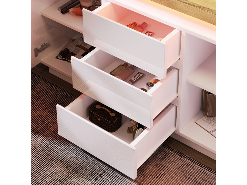  Buffet 140 cm, 2 portes, 3 tiroirs, éclairage led, étagères réglables, façade brillante, mdf, rangement pour séjour ou chambre - blanc C-DEGAYUN - Conforama E