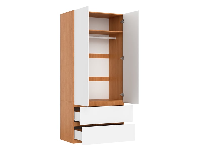 Armoire penderie 90 x 50 x 200 cm blanche décor chêne, mdf, 2 portes, 2 tiroirs et rangement supérieur  - Conforama D