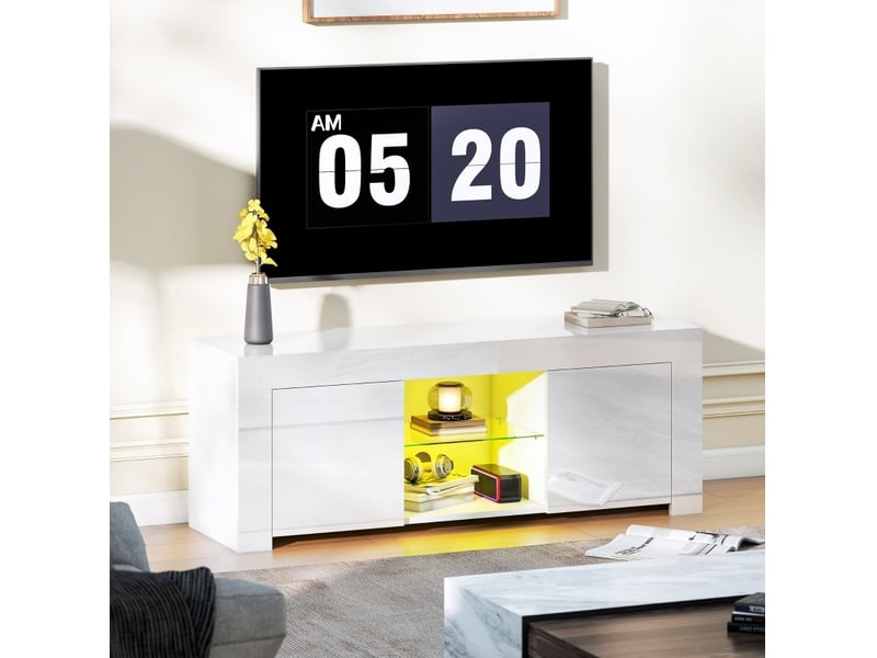 Meuble tv avec led rgb, 2 portes, 2 niches, étagère en verre et passe-câbles pour salon blanc 120 × 34 × 45 cm - Conforama B