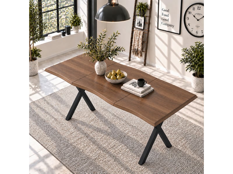 Table à manger 160x78x75 cm pour 4 à 6 personnes, plateau épais 28 mm à bord ondulé, table de salle à manger avec pieds en x métalliques, noyer OPULERANE TRADING LTD - Conforama E