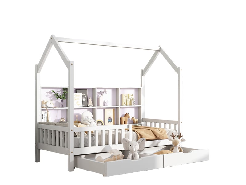  Lit enfant cabane 90x200 cm - avec rangements, tiroirs et cheminée décorative - bois - sans matelas - blanc  - Conforama A