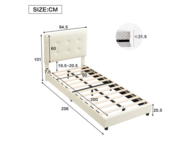  Lit enfant simple 90x200 cm tête biscuit, tête de lit et bords mousse anti-choc, pu+métal beige sans matelas  - Conforama C