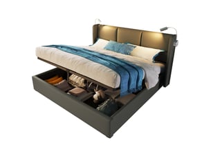 Lit coffre adulte 2 places 160x200 cm avec sommier, tête de lit avec éclairage led de lecture, usb, cadre métal, pu gris, sans matelas