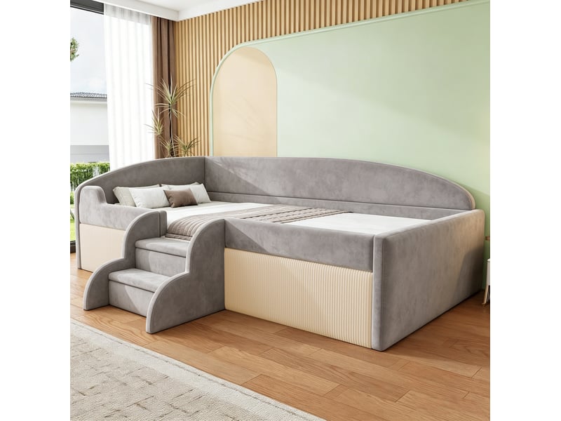  Lit simple enfant 90x190 cm en velours gris avec marches et barrières  - Conforama B