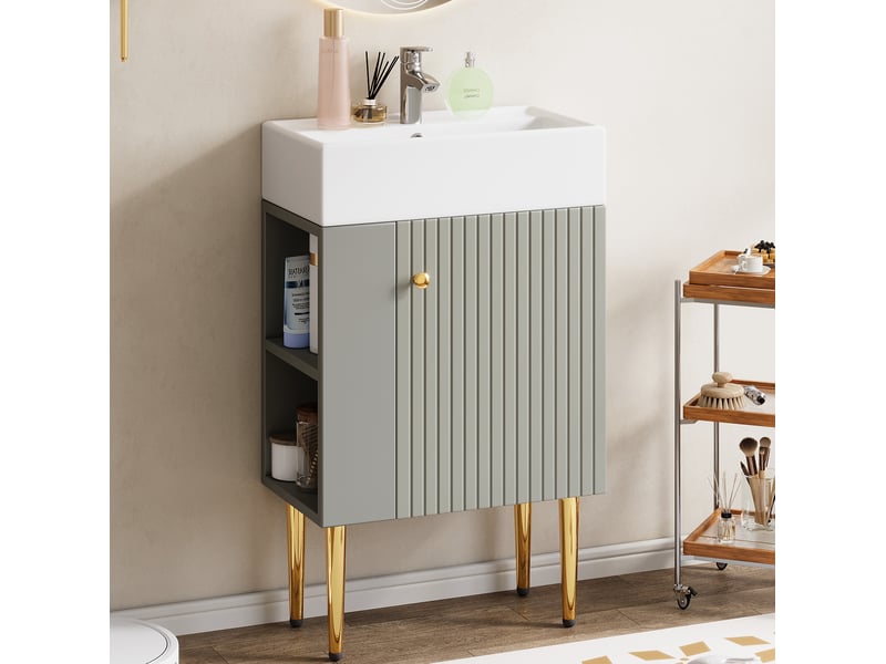  Meuble vasque de salle de bain 52.6x32.28x68.5 cm sur pied mdf gris et blanc  - Conforama D
