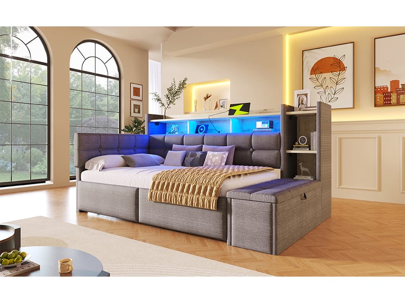  Lit banquette 90 × 190 cm, 2 tiroirs, coffre au pied, étagère, led multicolore, usb et usb-c, velours gris foncé  - Conforama B